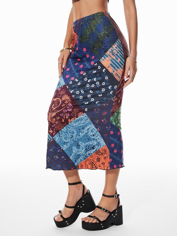 YOZY Women's Ethnic Pattern Lettuce Trim Elastic Waist Skirt, Boho Patchwork Print  Spring & Fall Pencil Long Skirt for Vacation Holiday, Ladies Bottoms