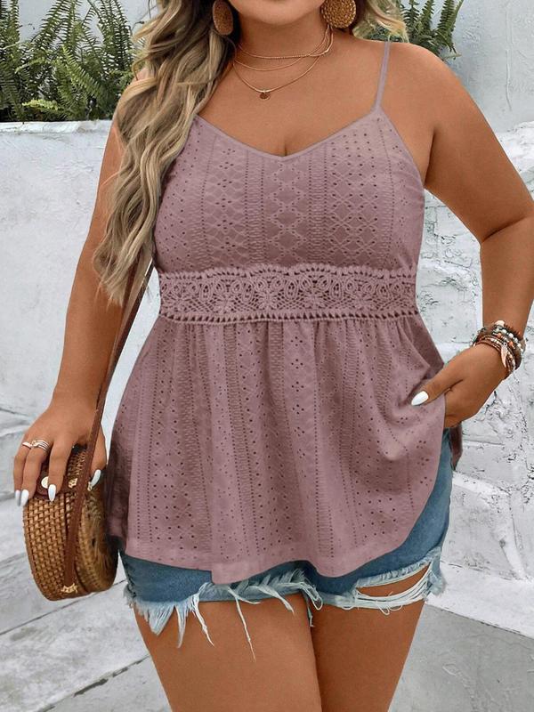 Plus Size Solid Eyelet Embroidery Cami Top, Casual Adjustable Spaghetti Strap Top for Spring & Fall, Women's Plus Clothing for Daily Wear