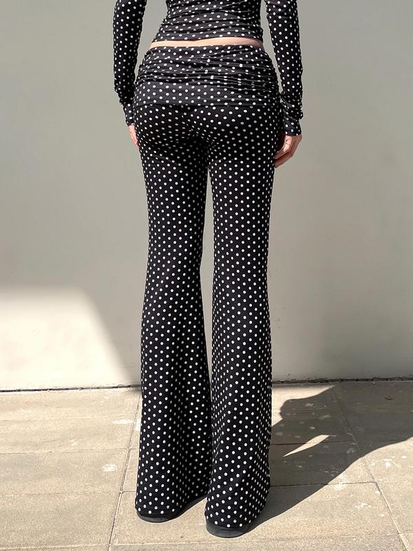 Women's Polka Dot Print Ruched Flare Leg Pants, Casual Comfy Elastic Waist Bell Bottom Trousers for Daily Wear, Ladies Bottoms for Fall & Winter