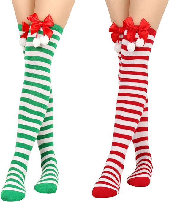 Lopsity 4PCS Thigh High Socks Striped over Knee Stockings Christmas Leg Warmers Christmas Bow Socks for Women Girls