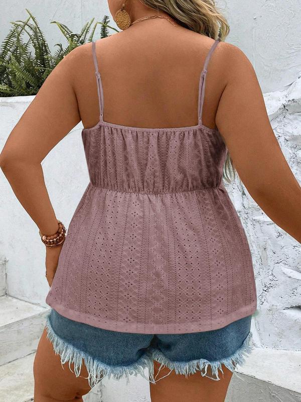 Plus Size Solid Eyelet Embroidery Cami Top, Casual Adjustable Spaghetti Strap Top for Spring & Fall, Women's Plus Clothing for Daily Wear