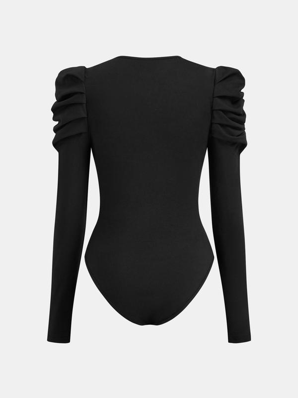 YOZY Christmas Deals, Women's Plain Zipper Split Leg-of-mutton Sleeve Bodysuit, Elegant Long Sleeve Button Closure Crotch Bodysuit for All Seasons, Women's Clothes for Daily Wear, Christmas 2024 Trend, Fall & Winter Clothes