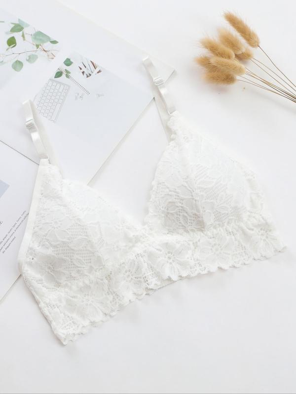 Women's Plain Scallop Trim Hook and Eye Lace Bra, Casual Comfortable Adjustable Strap Wireless Lingerie for Daily Wear, Soft Breathable Underwear for All Seasons