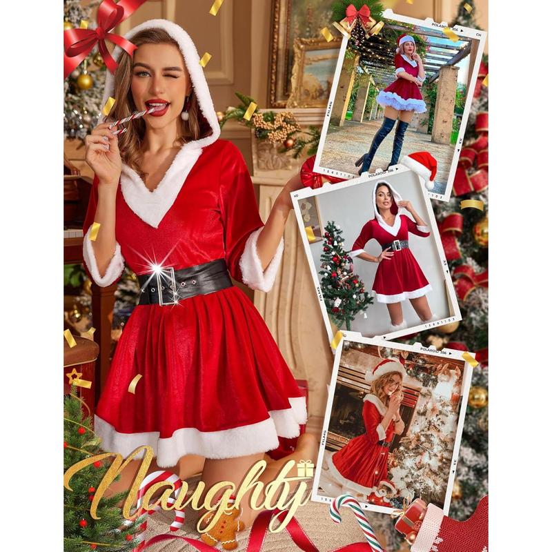 Christmas Lingerie Women Sexy Santa Coise 2 Piecy Velvet BabyDoll costume Holiday Dress with Belt shirt