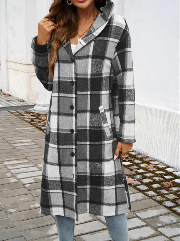 Women's Plaid Print Button Front Drop Shoulder Hooded Coat, Casual Long Sleeve Pocket Outerwear for Fall & Winter, Ladies Clothes for Daily Wear