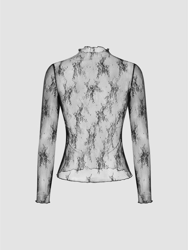 Women's Mock Neck Sheer Floral Lace Tee, Elegant Long Sleeve T-shirt for Daily Wear, Ladies Top Clothes for All Seasons