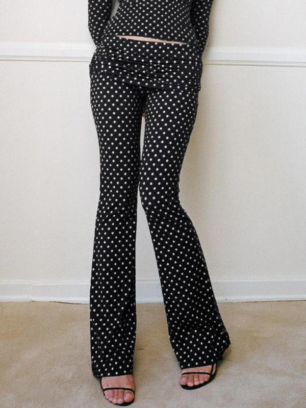 Women's Polka Dot Print Ruched Flare Leg Pants, Casual Comfy Elastic Waist Bell Bottom Trousers for Daily Wear, Ladies Bottoms for Fall & Winter