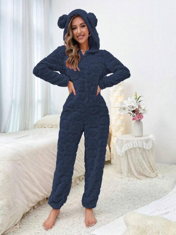 Women's Solid Color Textured Drop Shoulder Zip Up Hooded Jumpsuit, Casual Long Sleeve Plush Jumpsuit for Fall & Winter, Women's Clothes for Indoor Wear