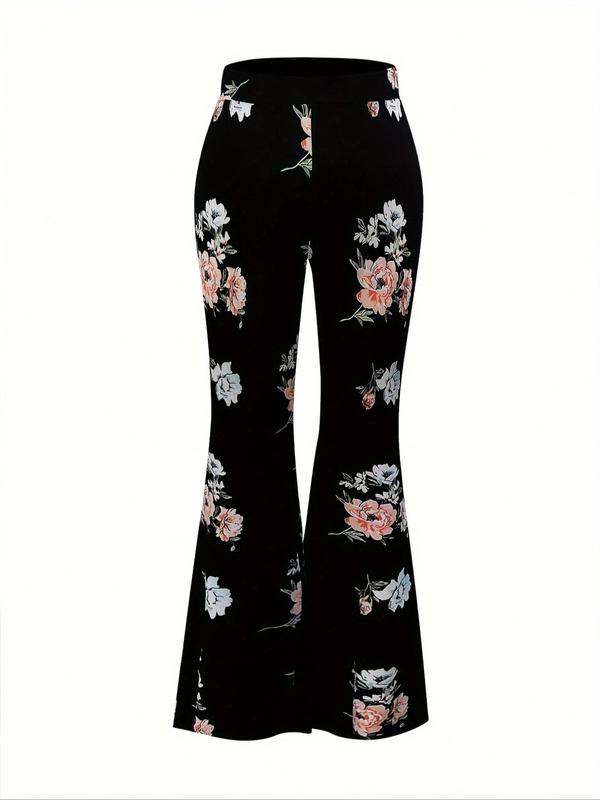 Plus Size Floral Print High Waist Flare Leg Pants, Lady Casual Vintage Comfy Bell Bottom Trousers for Daily Wear, Women's Comfort Bottoms for Summer, Summer Pants, Womenswear