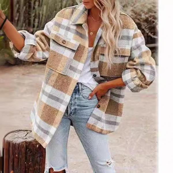 Autumn and Winter Women's Clothing Autumn and Winter Long Sleeve Lapel Loose Plaid Wool Coat