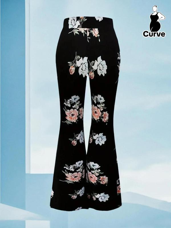 Plus Size Floral Print High Waist Flare Leg Pants, Lady Casual Vintage Comfy Bell Bottom Trousers for Daily Wear, Women's Comfort Bottoms for Summer, Summer Pants, Womenswear