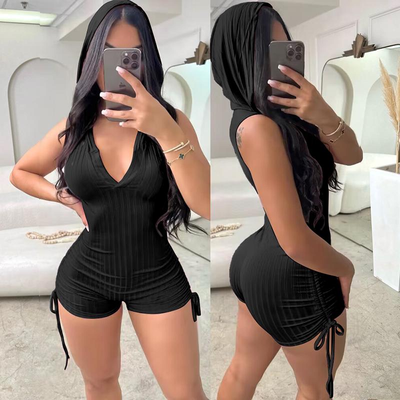 Chicme Side Drawstring Slim Fit Sleeveless Hooded Romper Womenswear Overalls Skinny Women Comfort Basic Suits Polyester