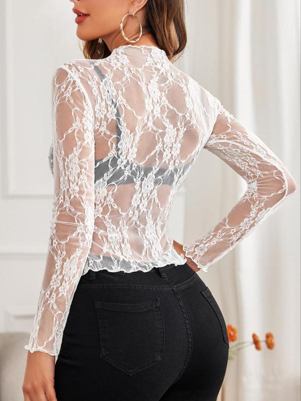 Women's Mock Neck Sheer Floral Lace Tee, Elegant Long Sleeve T-shirt for Daily Wear, Ladies Top Clothes for All Seasons