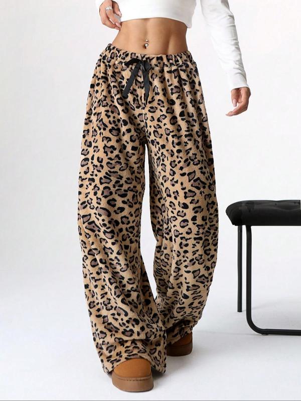 Women's Leopard Print Bow Decor Plush Straight Leg Pants, Casual Comfy Elastic Waist Trousers for Daily Wear, Ladies Bottoms for Fall & Winter