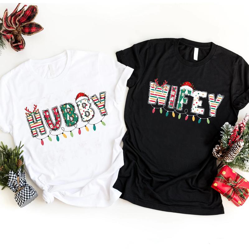 Hubby Wifey Christmas Shirt, Couple Christmas Sweatshirt, Christmas Wife and Husband Clothing T-shirt, Xmas Family Matching Tee Smooth