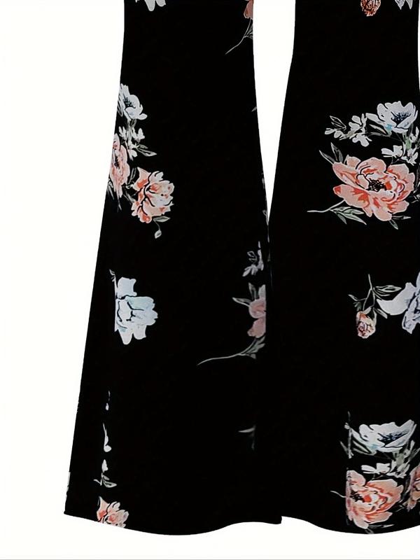 Plus Size Floral Print High Waist Flare Leg Pants, Lady Casual Vintage Comfy Bell Bottom Trousers for Daily Wear, Women's Comfort Bottoms for Summer, Summer Pants, Womenswear