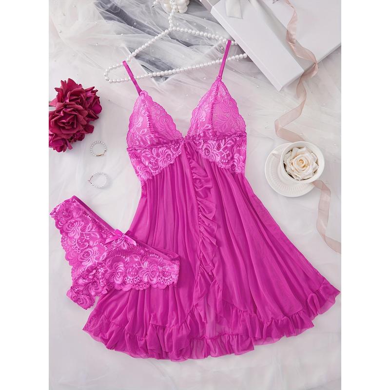 Contrast Color Lace Ruffle Underwear Suit, Deep V Strap Dress and T-Back, Lady Sexy Underwear and Underwear