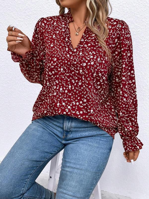 Womenswear  Ditsy Floral Print Frill Trim Ruffle Blouse, Casual Comfort Notched Neck Flounce Sleeve Top for Spring & Fall, Women's Clothes for Daily Wear