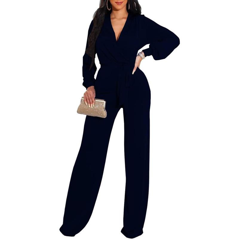 Women's Sexy Sparkly Jumpsuits Plus Size Elegant Long Sleeve Wide Leg Pants Rompers with Belt