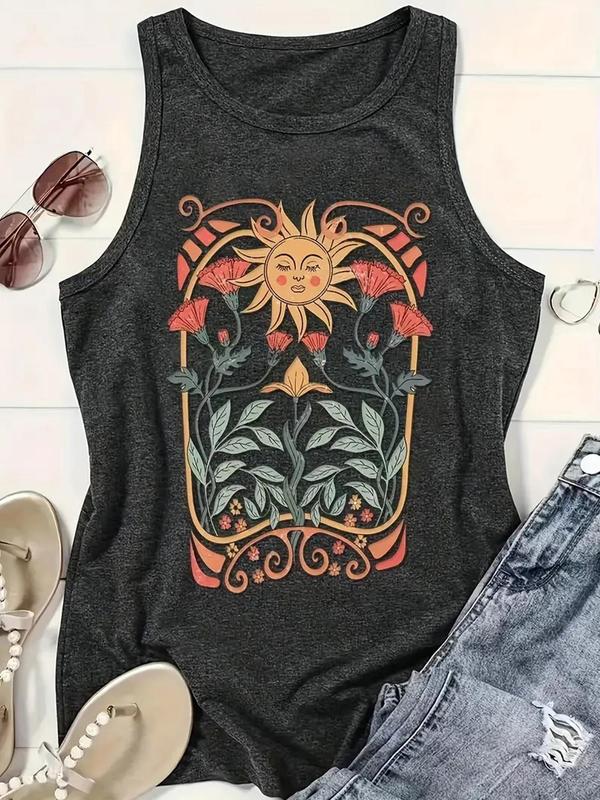 Women's Floral & Sun Print Round Neck Tank Top, Casual Sleeveless Top for Daily Wear, Tank Tops for Women, Ladies Summer Outfit