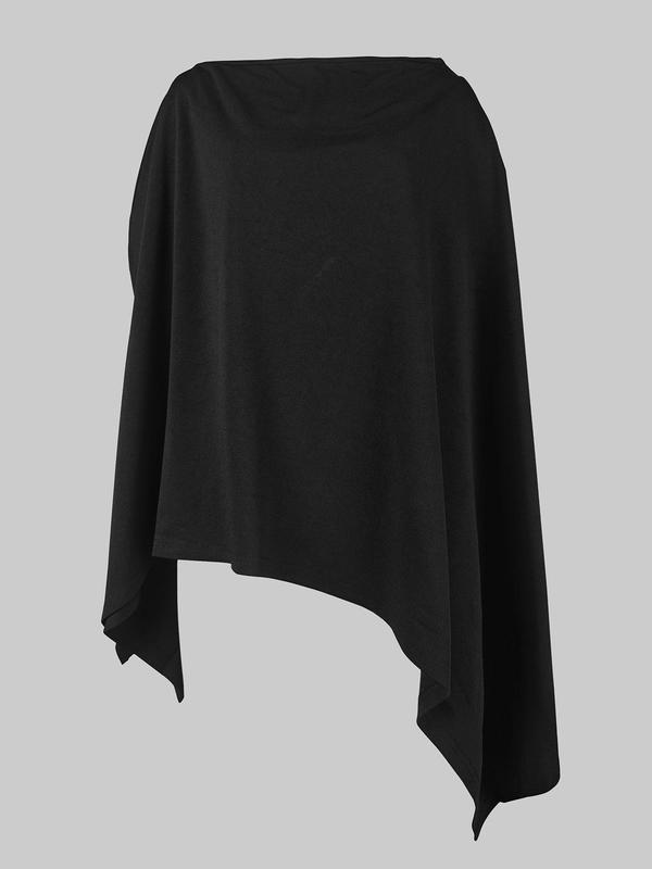 Women's Solid Color Batwing Sleeve Asymmetrical Hem Tee, Casual Long Sleeve Shoulder Pad Top for Fall & Winter, Women's Clothing for Daily Wear