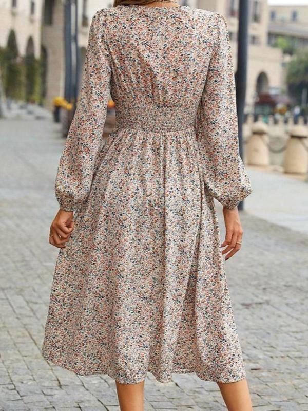 Women's Ditsy Floral Print Shirred A-line Dress, Elegant Bishop Sleeve V Neck Midi Dress for Spring & Fall, Women's Clothing for Daily Wear