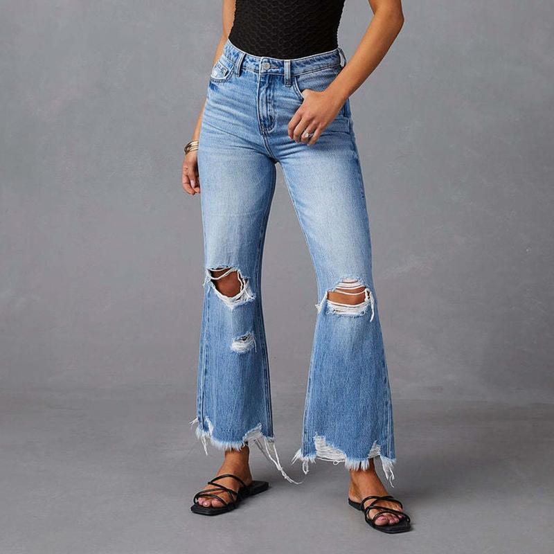 Women's High Waisted Straight Ankle Wide Leg Ripped Jeans Frayed Hem Stretchy Capri Denim Pants