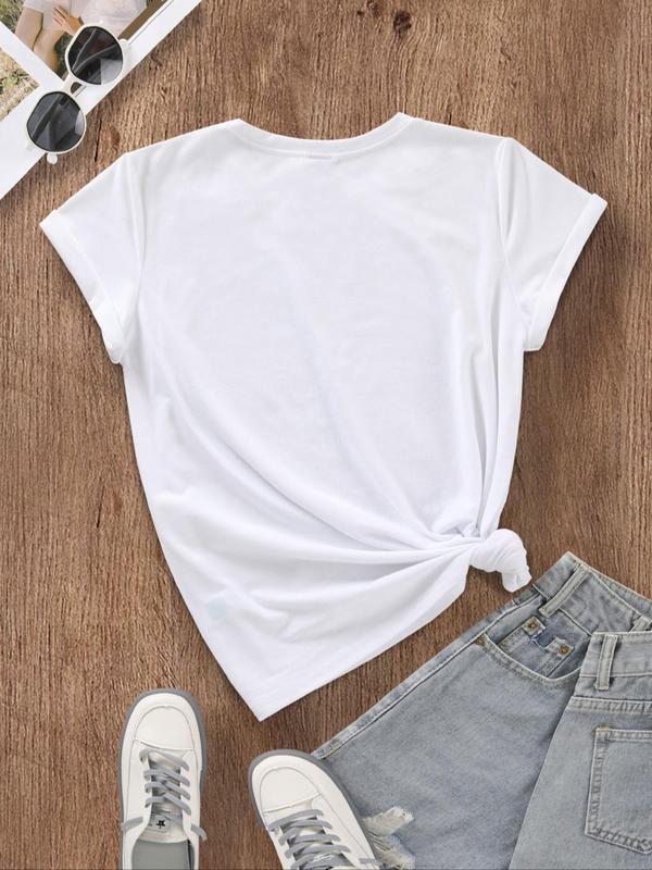 Women's Letter Print Round Neck Tee, Fashion Casual Drop Shoulder Short Sleeve T-shirt for Daily Wear, Ladies Summer Clothes