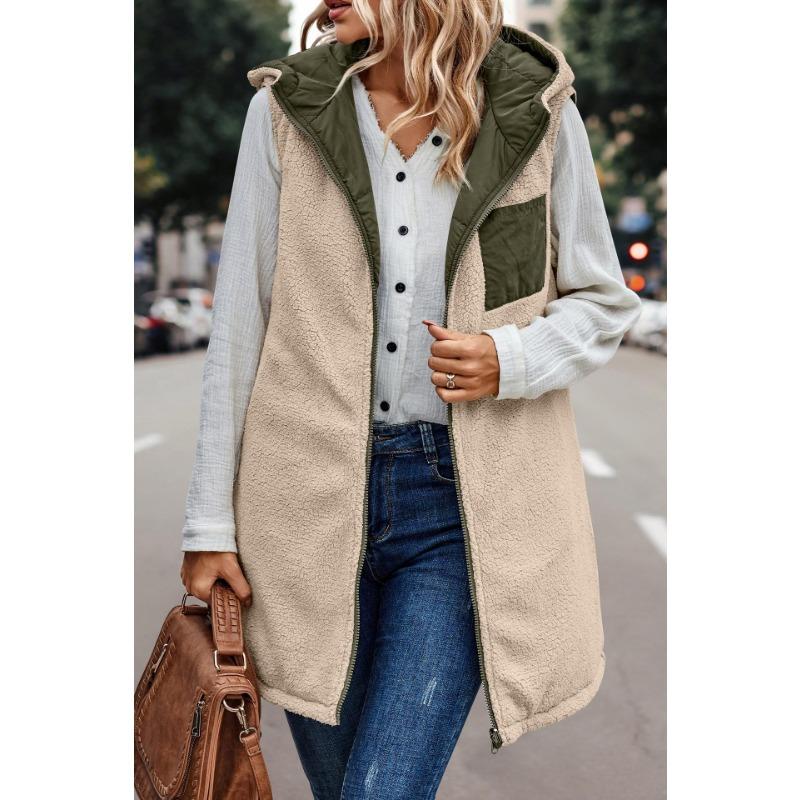 Women's 2024 Fall Reversible Vest Sleeveless Wool Jacket Zipper Hoodie Pocket Long Warm Winter Coat long  puffy vest  for women