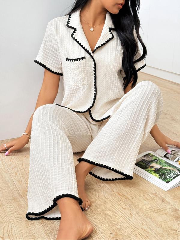 Two-Piece Set Women's Contrast Binding Lapel Neck Short Sleeve Blouse & Pants Pyjama Loungewear Set, Summer Clothes Women, Button Front Pocket Top & Wide Leg Pants Pj Set, Summer Wear 2024, Casual Comfy Sleepwear Homewear Set