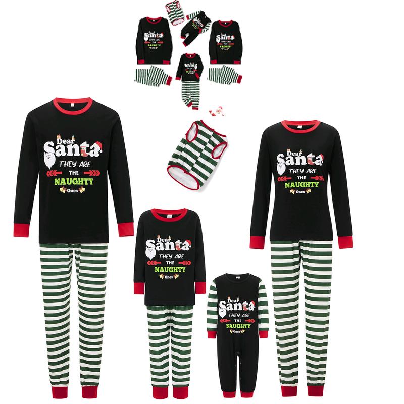 Matching Christmas Pajamas For Family, Long Sleeve Letters Print T-shirt with Striped Pants Sleepwear Loungewear