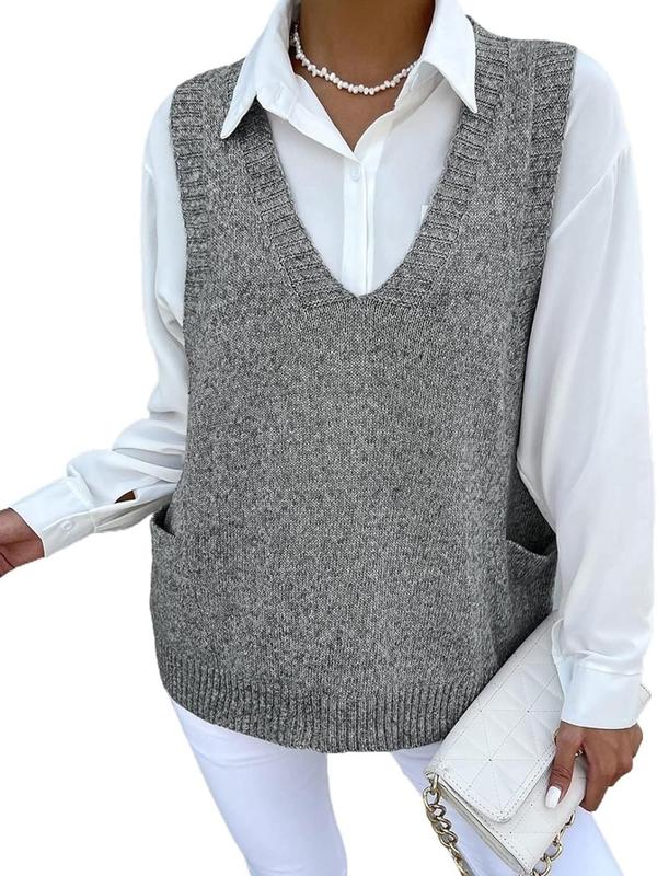 Women's Solid V Neck Sweater Vest, Casual Sleeveless Knit Top for Spring & Fall, Fashion Women's Knitwear for Daily Wear