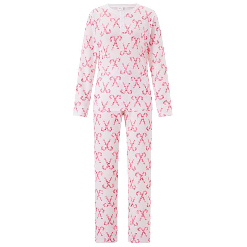 Pink Christmas Pajamas for Family Long Sleeve Candy Cane Print Tops + Pants Set Holiday Sleepwear