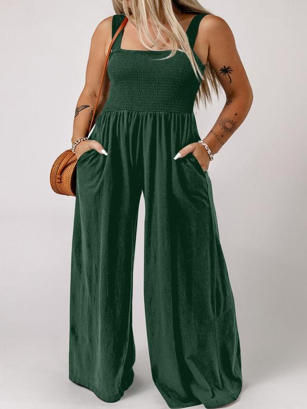 Plus Size Plain Shirred Pocket Wide Leg Jumpsuit, Casual Square Neck Sleeveless Jumpsuit, Women's Summer Clothes for Daily Wear