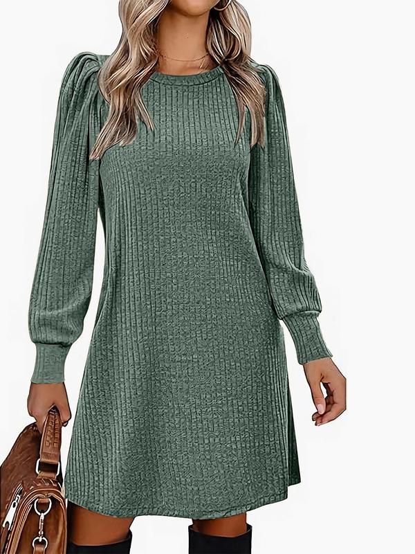 Women's Plain Pocket Round Neck A Line Dress, Casual Long Sleeve Crew Neck Short Dress for Fall & Winter, Women's Clothing for Daily Wear