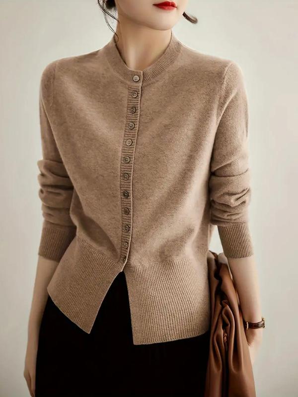 Women's Plain Button Front Cardigan, Casual Long Sleeve Round Neck Knitwear for Daily Wear, Ladies Clothes for Fall & Winter