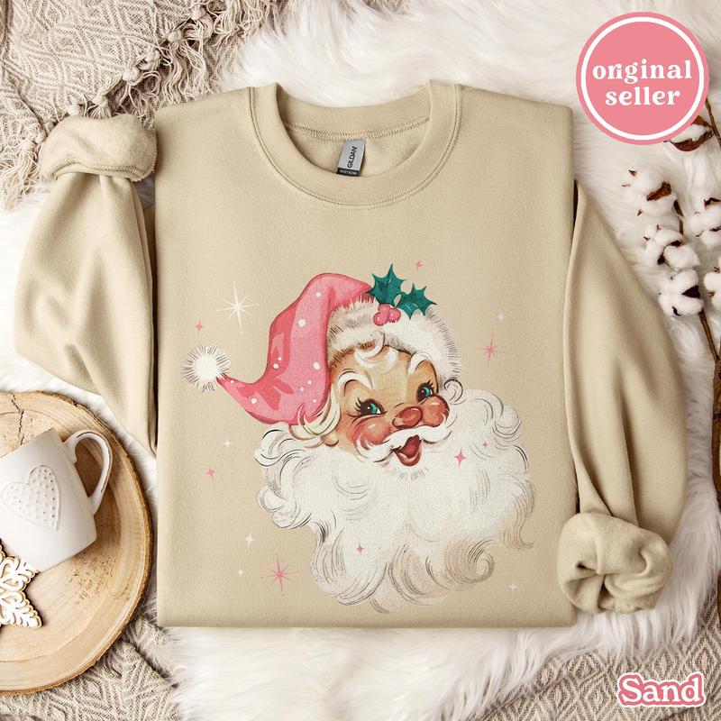 Pink Santa Christmas Sweatshirt Gift for Her, Pink Christmas PJs Matching Family Pajamas Retro Christmas Shirt Vintage Holiday Sweater