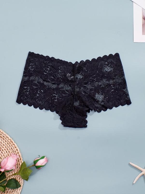 Plus Size 4pcs Solid Sheer Floral Lace Knicker, Casual Comfortable Breathable Panties for Daily Wear, Women's Underwear for All Seasons