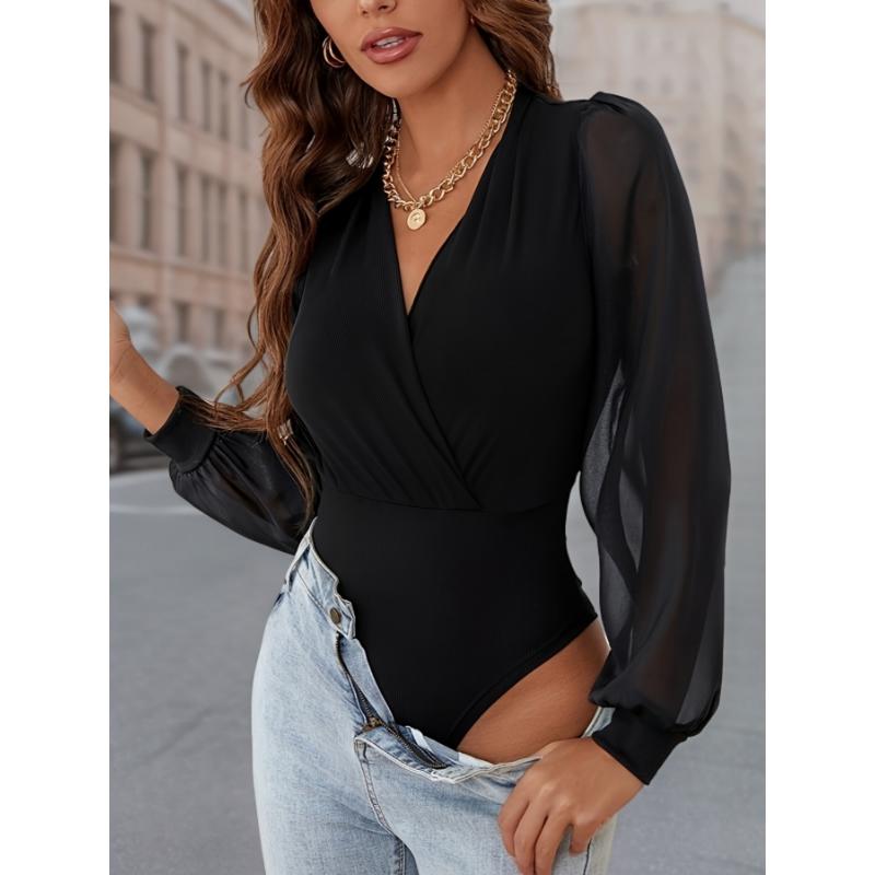 Solid Surplice Neck Bodysuit, Elegant Illusion Long Sleeve Skinny Bodysuit, Women's Clothing