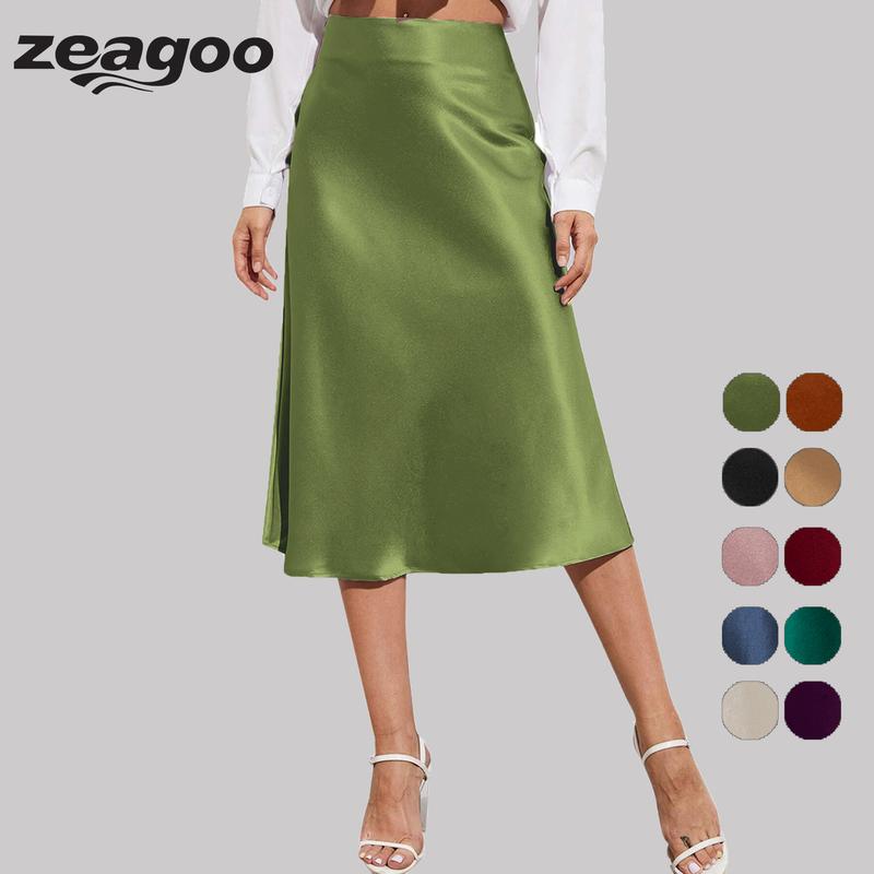 ZEAGOO Womens Satin Skirts Casual Silk Midi Skirt High Waisted Long Skirts Zipper Elegant Work Skirts Womenswear Bottom