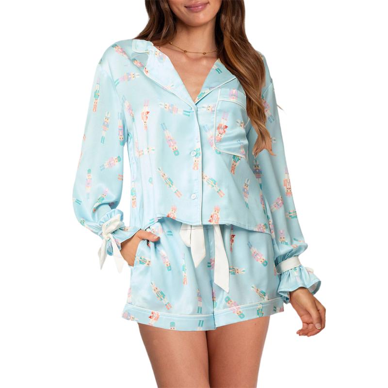 Women Two Piece Christmas Pajamas Set Bow Tie Long Sleeve Button Shirt Ruffle Shorts Colorful Print Pjs Sets Sleepwear