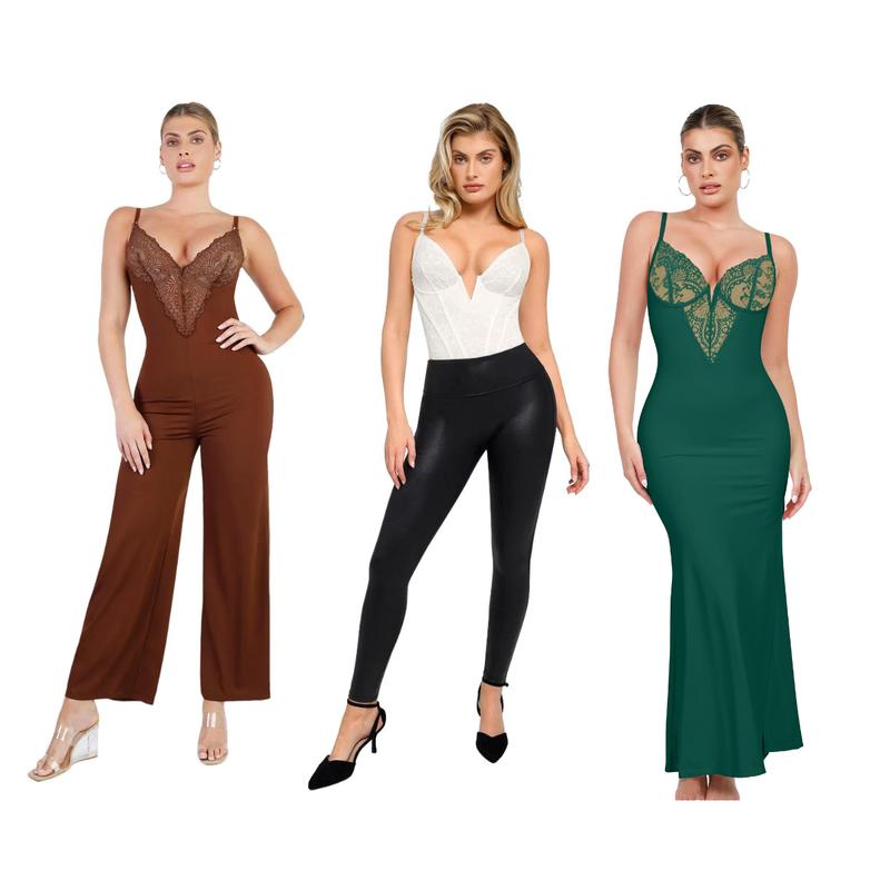 Popilush Built-In Shapewear Lace Dress & Lace Wide-Leg Jumpsuit & Lace Corset Style Deep-V Neck Shapewear Bodysuit Official Live