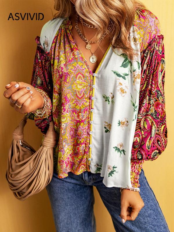 Women's Floral Print Frill Trim Shirred Notched Blouse, Boho Bishop Sleeve Button Front Top for Spring & Fall, Women's Long Sleeve Clothing for Daily Wear