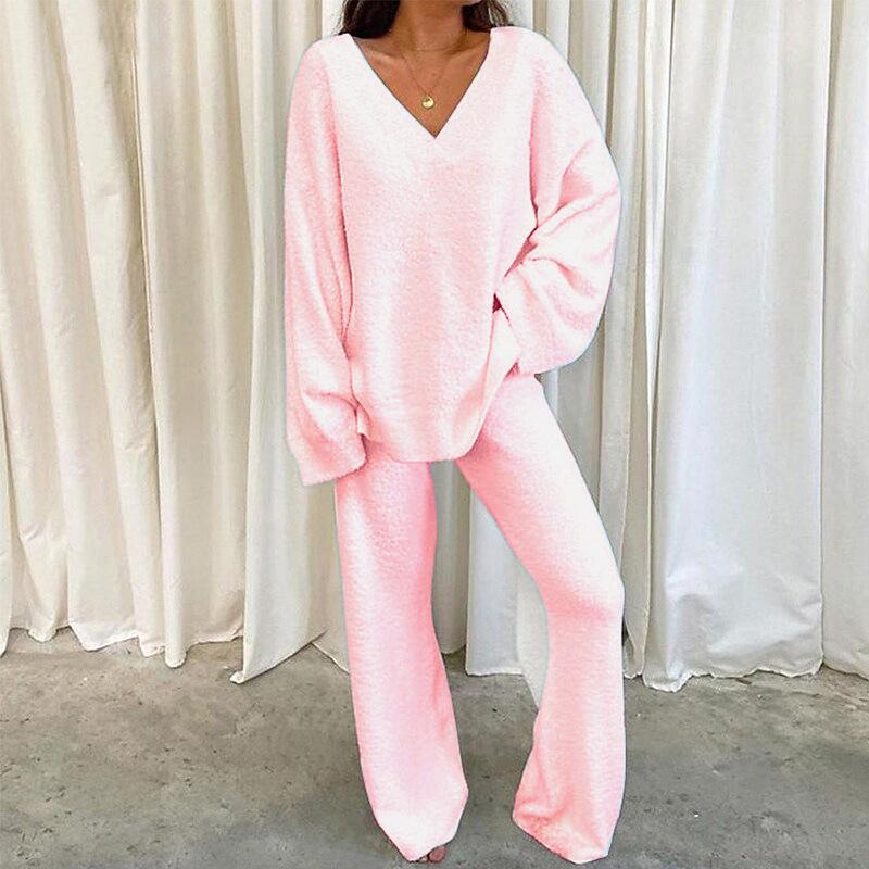 2024 New Arrival Hot Sale Winter Comfortable Solid Color V-neck Casual Daily Home Warm Two-Piece Suit