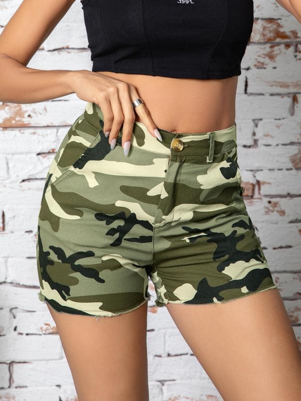 Women's Camo Print High Waist Button Front Skinny Shorts, Lady Casual Comfy Camouflage Shorts for Summer, Summer Clothes Women, Back To School Outfits, Ladies Comfort Bottoms for Daily Wear, Womenswear, Workout Shorts