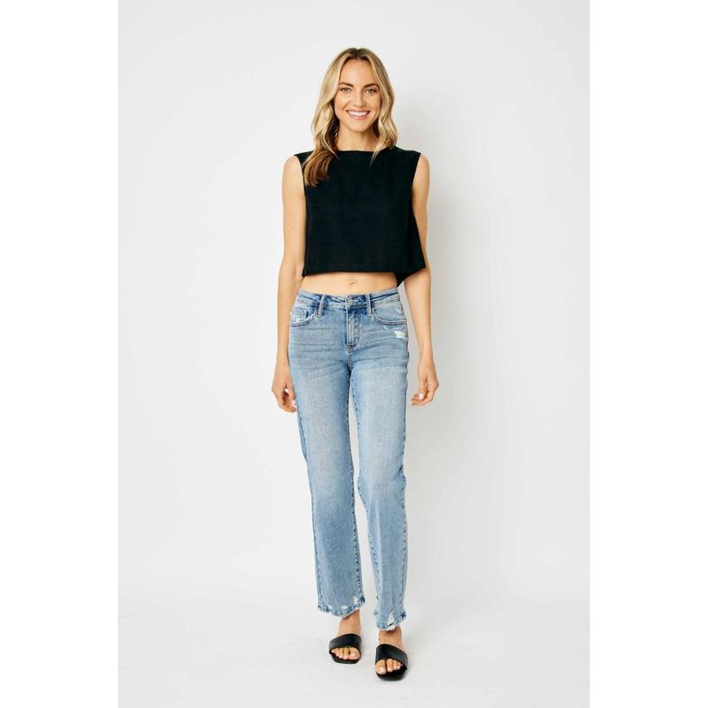 JUDY BLUE MID RISE MEDIUM WASH DESTROY STRAIGHT JEANS