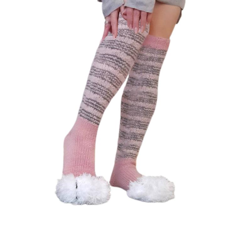 Women Winter Knee High Socks, Striped Patchwork Fleece Warm Boot Socks, Leg Warmer High Socks for Girls, Black Pink White