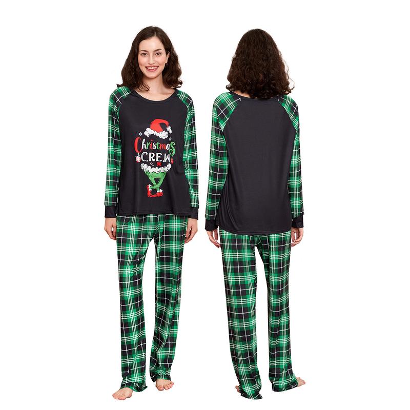 Green Family Matching Christmas Pajamas, Letter Print Long Sleeve Tops and Plaid Pants Sleepwear Set