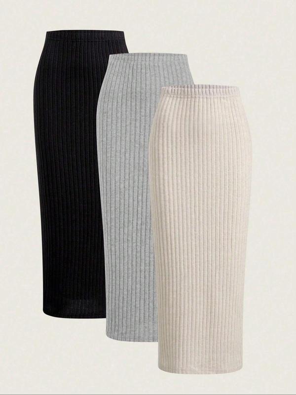 Women's Solid Ribbed Bodycon Skirt, Casual Long Skirt, Fashionable Midi Skirt for Daily Outdoor Wear, Skirts for Women, Ladies Bottoms for Spring & Fall