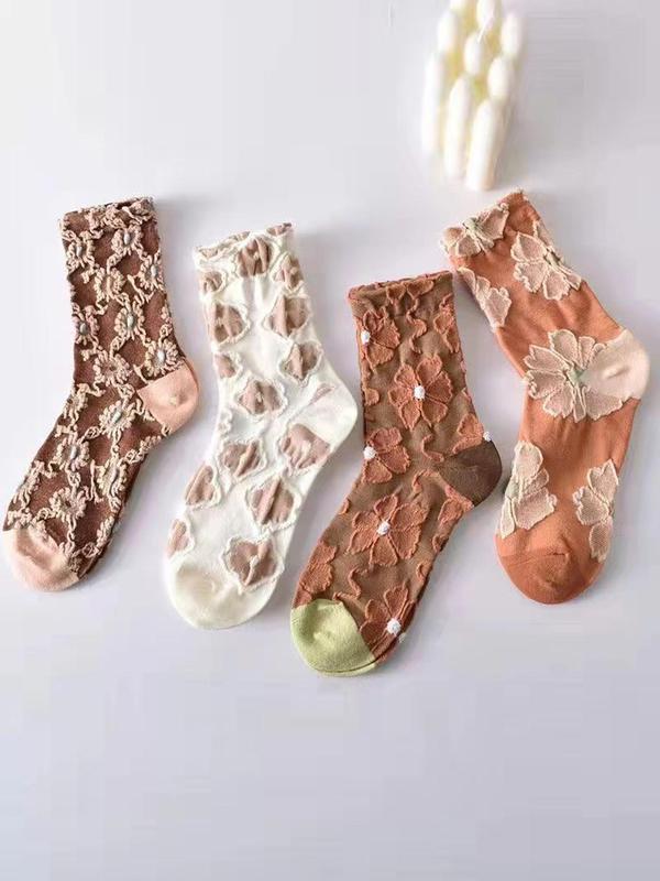 Women's 5 Pairs Floral Embossed Crew Socks, Fashionable Casual Cozy Breathable Socks for Daily Wear, Women Socks for All Seasons